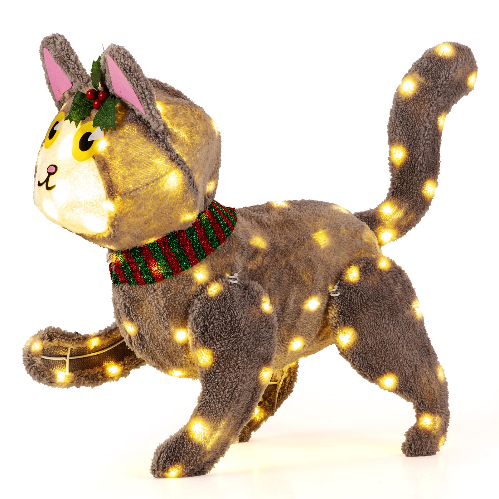Tangkula 23 Pouces Décoration de Noël Chat Mignon 3D Pré-éclairé avec 88 Lumières LED Blanches Chaudes et Prise